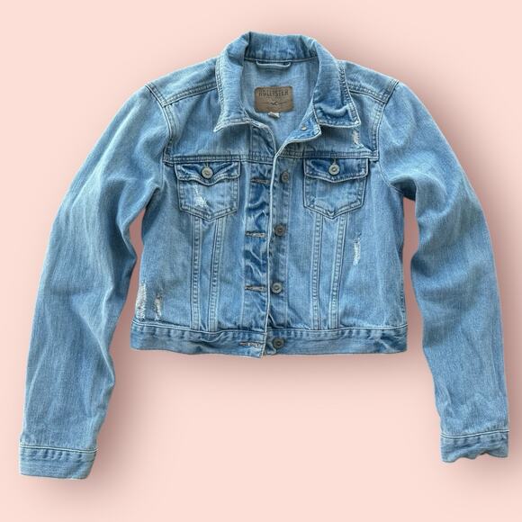 Y2K Hollister Denim Jacket Women's Size Large Jean Jacket Light Wash Distressed - Picture 1 of 4
